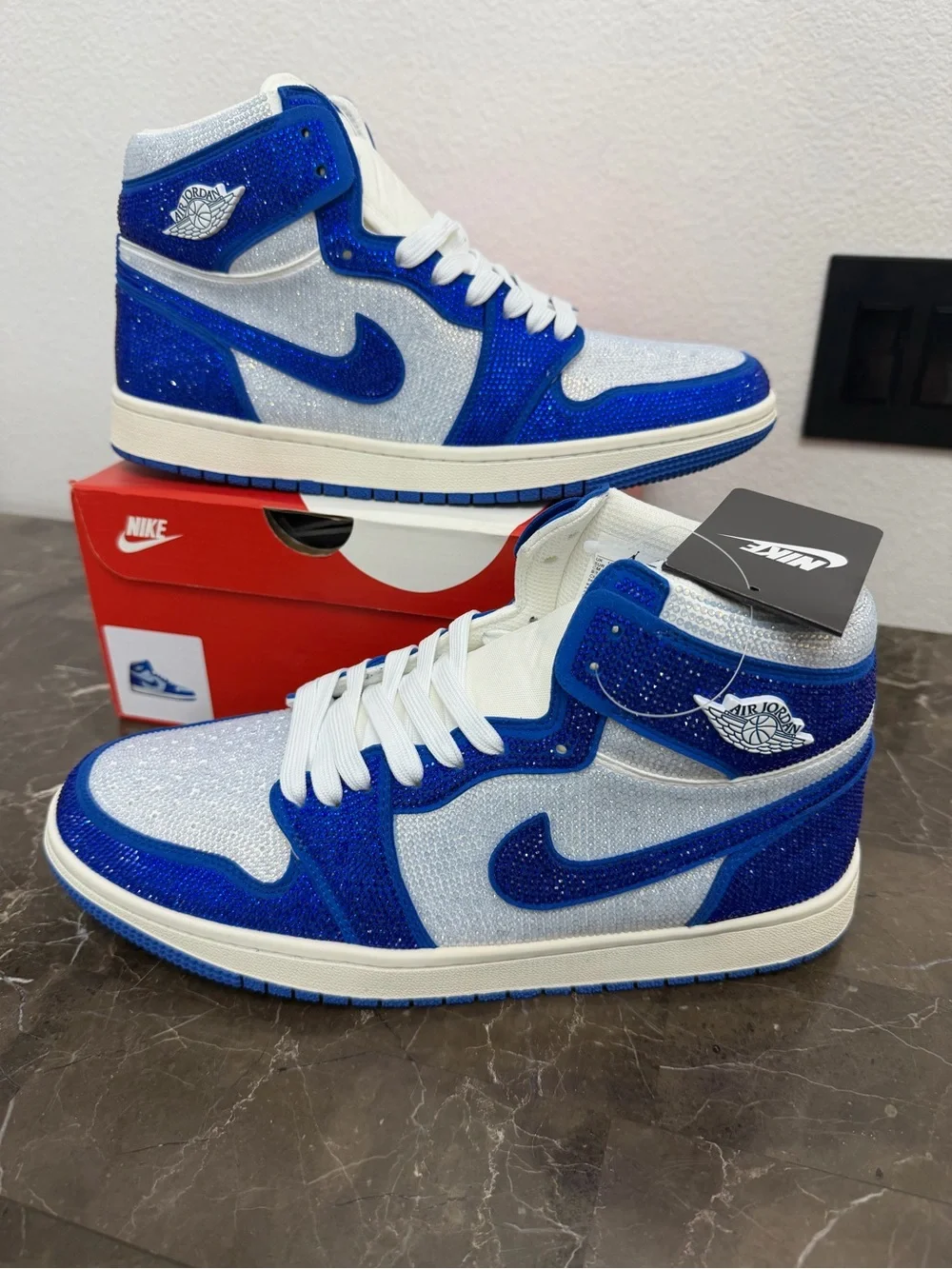 Nike Air Jordan 1, Mens Size 11, Custom White & Blue Crystals, 11 inch insole
